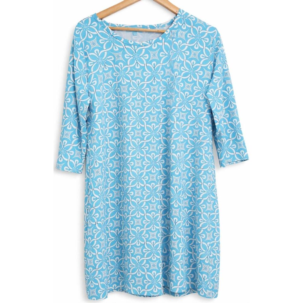 Anthony's resort wear womens xl shift dress aqua blue white geometric stretch